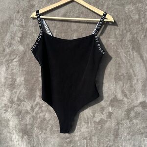 GUESS Black ribbed Bodysuit tank top Logo Straps fitted scoop neck sz XL